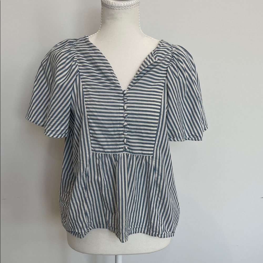 Madewell Blue & White Striped V-Neck Flutter Sleeve Top